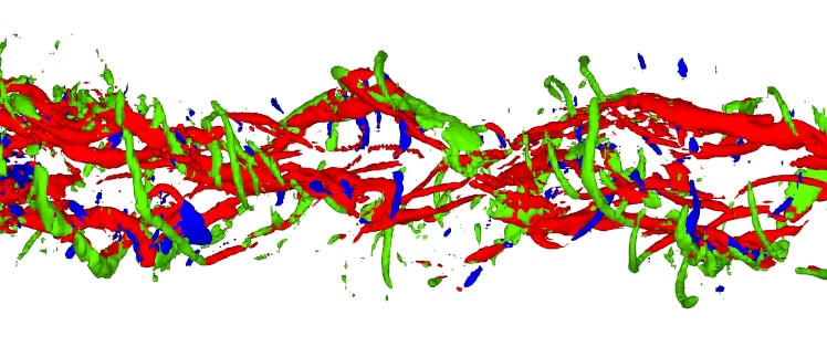 Red, blue and green strands merge as fibers